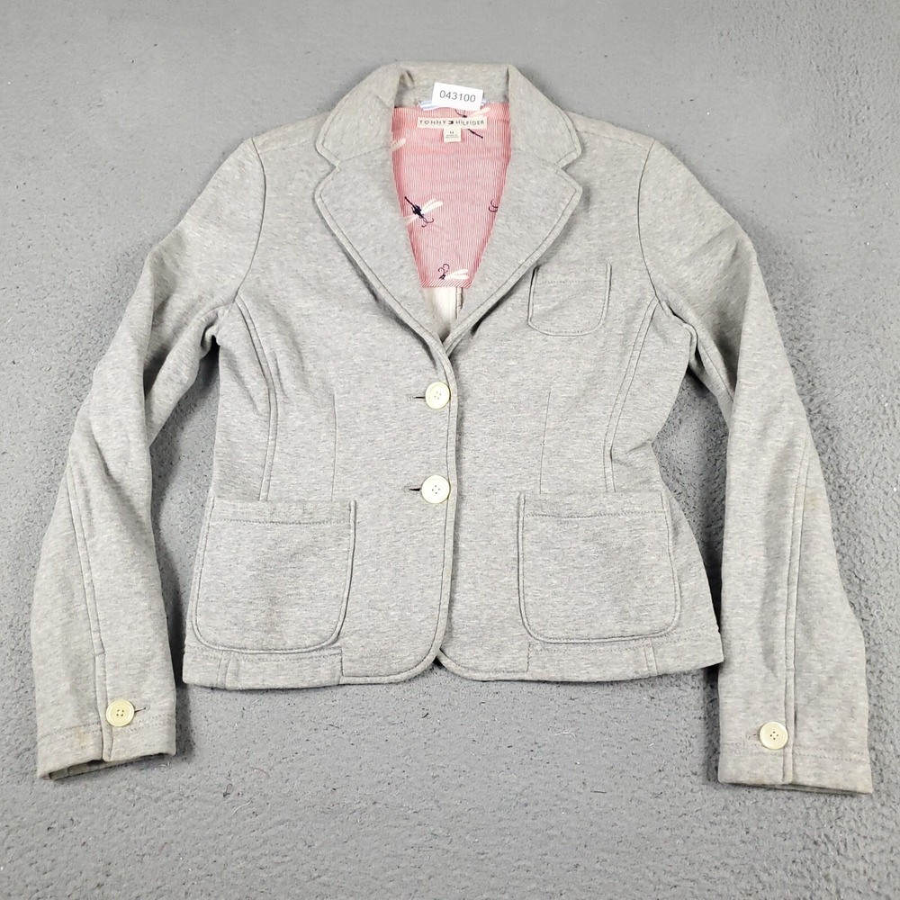 Tommy Hilfiger Womens Gray Single Breasted Cotton Blend Blazer Size Medium